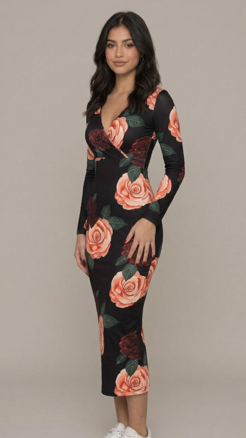 Floral Print Surplice Neck Dress